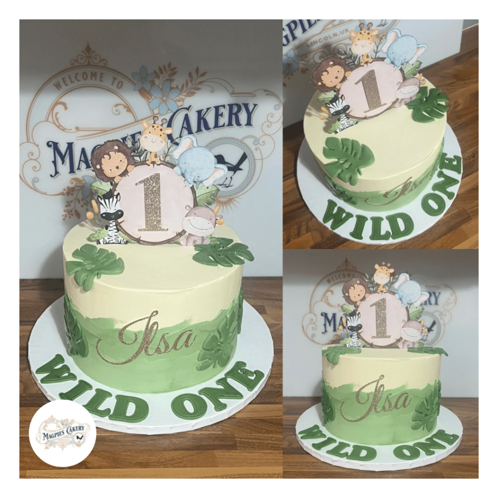 Safari inspired 1st birthday cake with buttercream finish. Magpies Cakery, cake maker & decorator, Lincoln & Newark