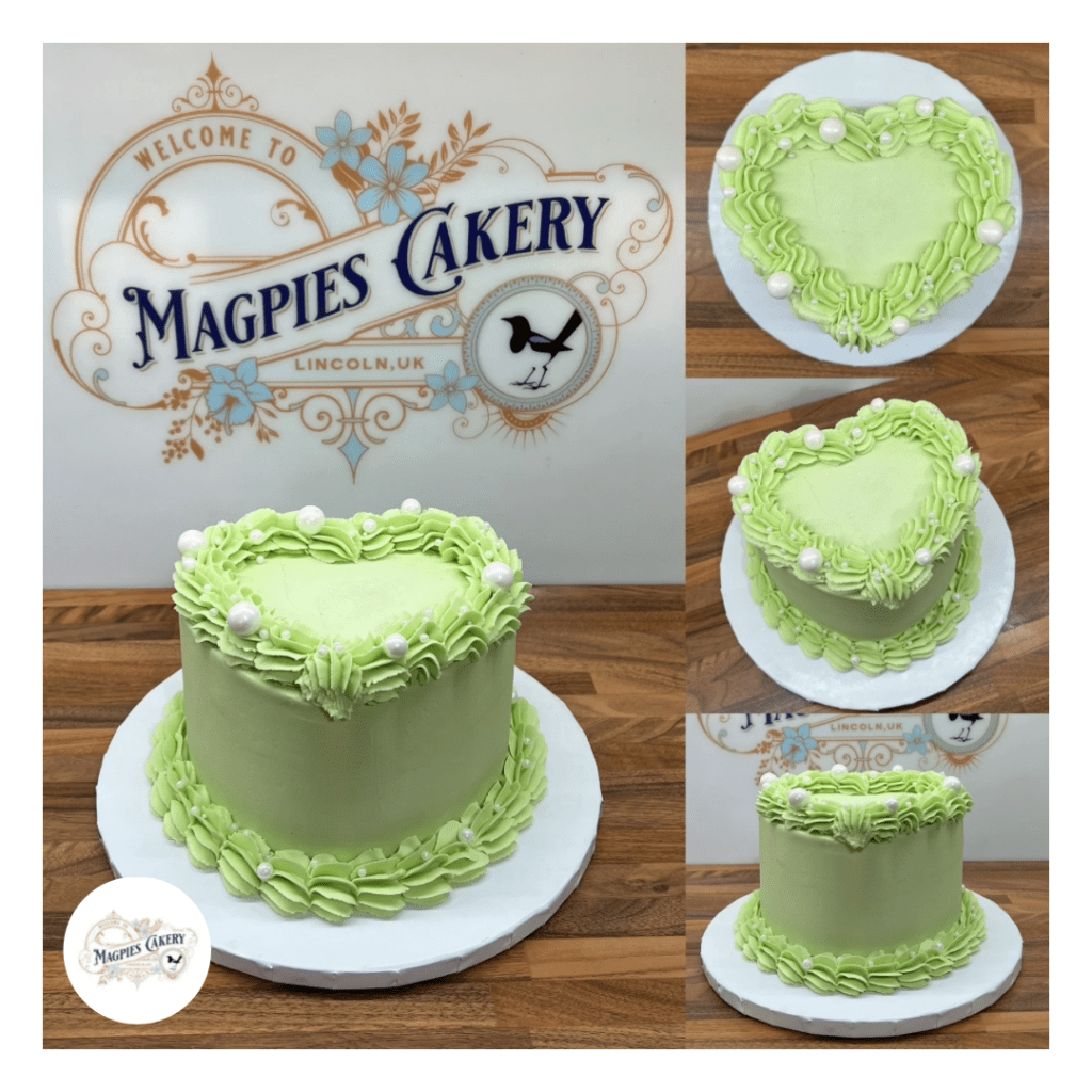 Vintage style heart green buttercream finish cake. Magpies Cakery, cake maker & decorator, Lincoln & Newark UK