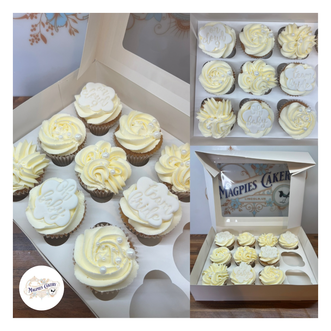 Baby & wedding shower buttercream finish cupcakes. Magpies Cakery, cake maker & decorator, Lincoln & Newark UK