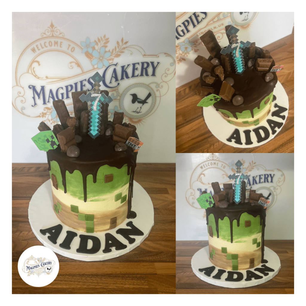 Minecraft inspired birthday drip cake, cake maker & decorator, Lincoln & Newark