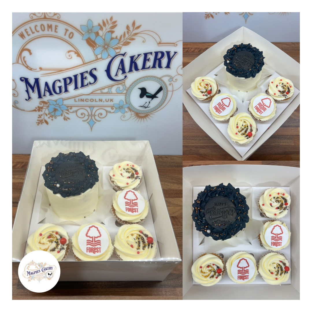 Nottingham Forest football inspired uttercream finish bento box birthday cake & cupcakes. Magpies Cakery, cake maker & decorator, Lincoln & Newark UK
