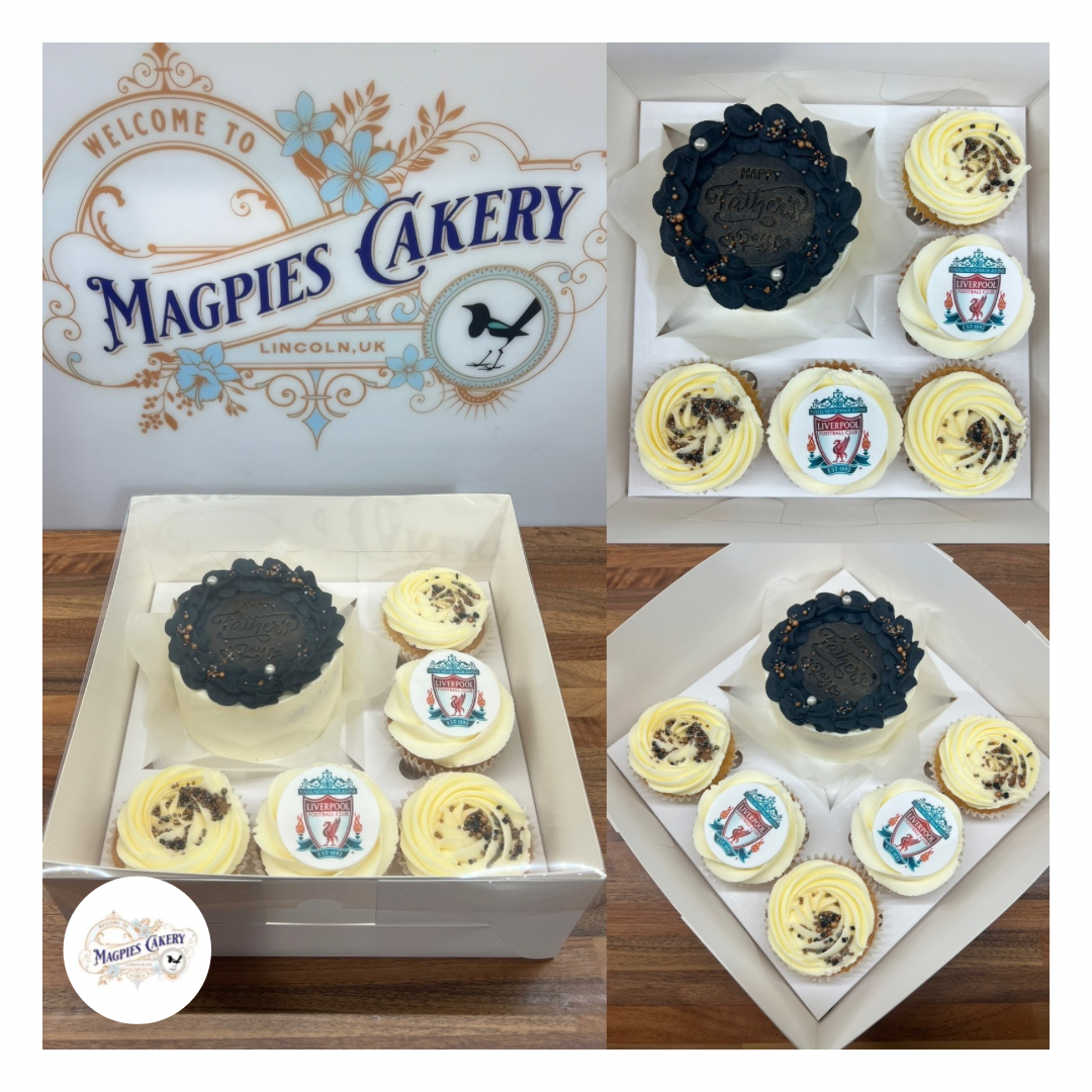 Liverpool football inspired buttercream finish bento box birthday cake & cupcakes. Magpies Cakery, cake maker & decorator, Lincoln & Newark UK
