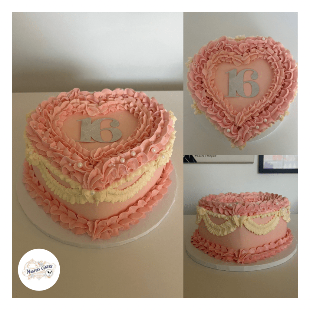Vintage style heart buttercream finish 16th birthday cake. Magpies Cakery, cake maker & decorator, Lincoln & Newark UK