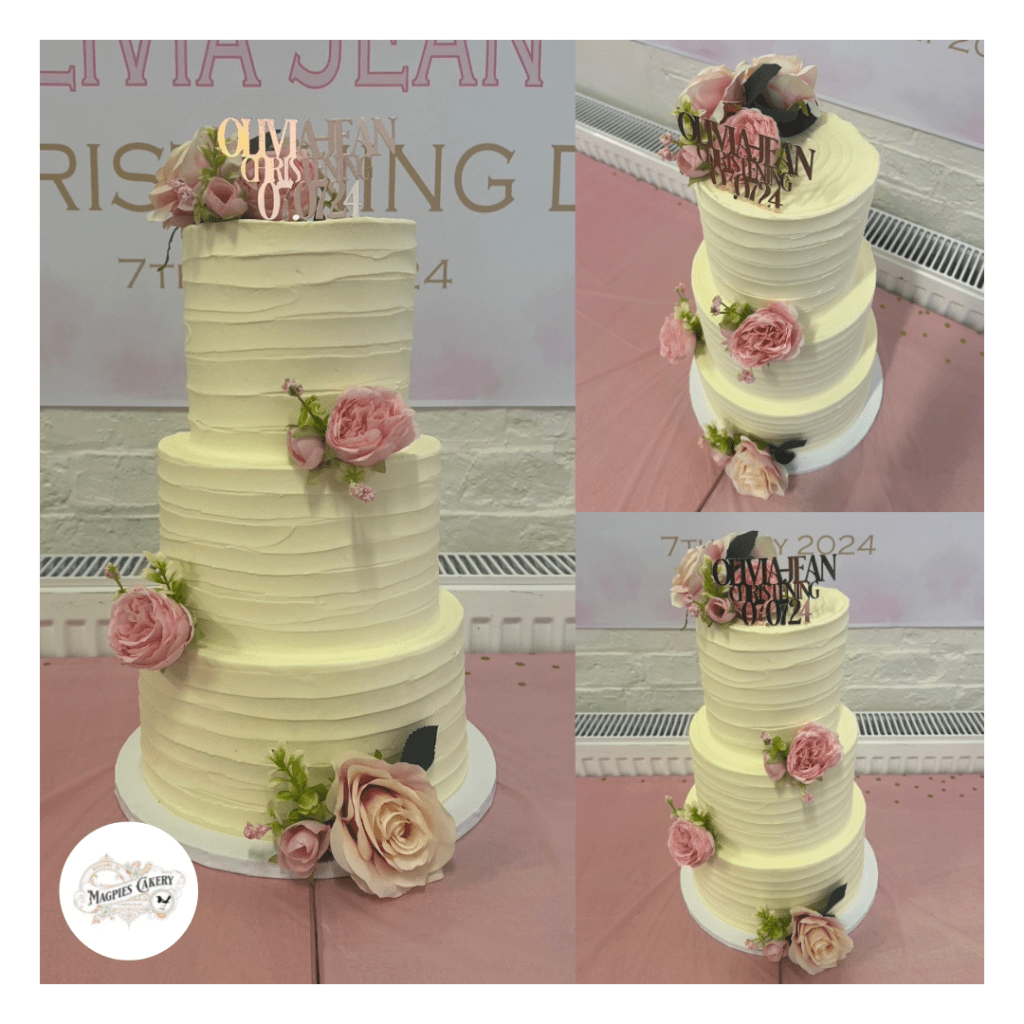 Three tier buttercream finish floral christening cake. Cake maker & decorator, Lincoln & Newark