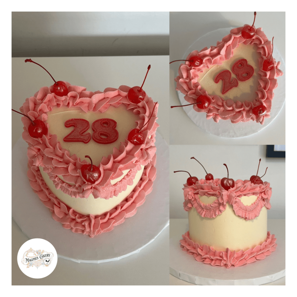 Vintage style heart buttercream finish birthday cake with cocktail cherries. Magpies Cakery, cake maker & decorator, Lincoln & Newark UK