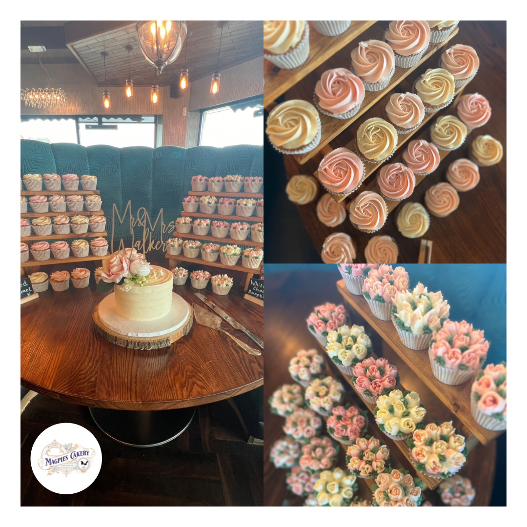 Floral inspired buttercream finish wedding cupcakes. Magpies Cakery, cake maker & decorator, Lincoln & Newark UK
