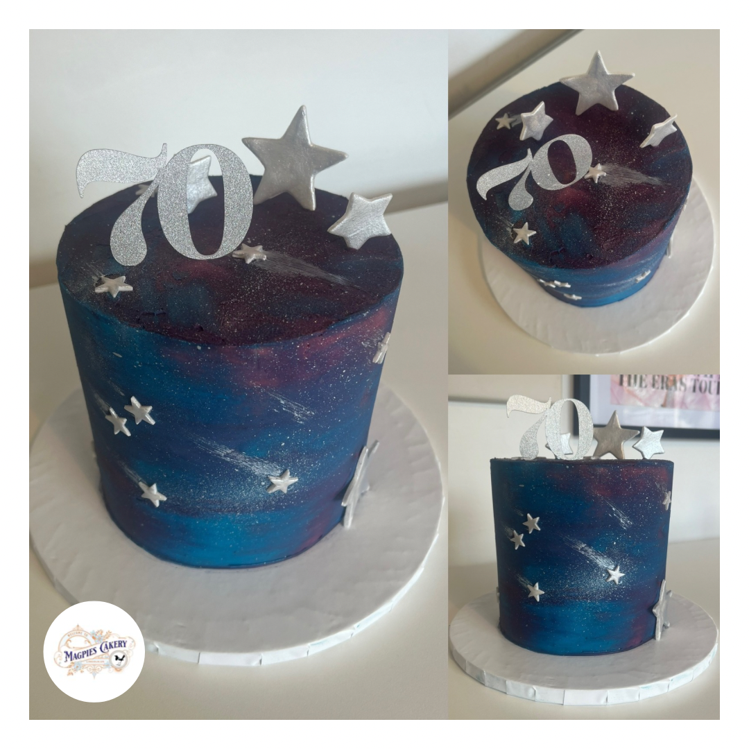 Galaxy inspired 70th birthday buttercream finish cake, Magpies Cakery, cake maker & decorator, Lincoln & Newark