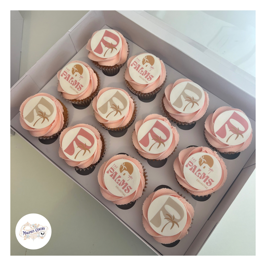 Printed icing logo buttercream finish cupcakes. Magpies Cakery, cake maker & decorator, Lincoln & Newark UK