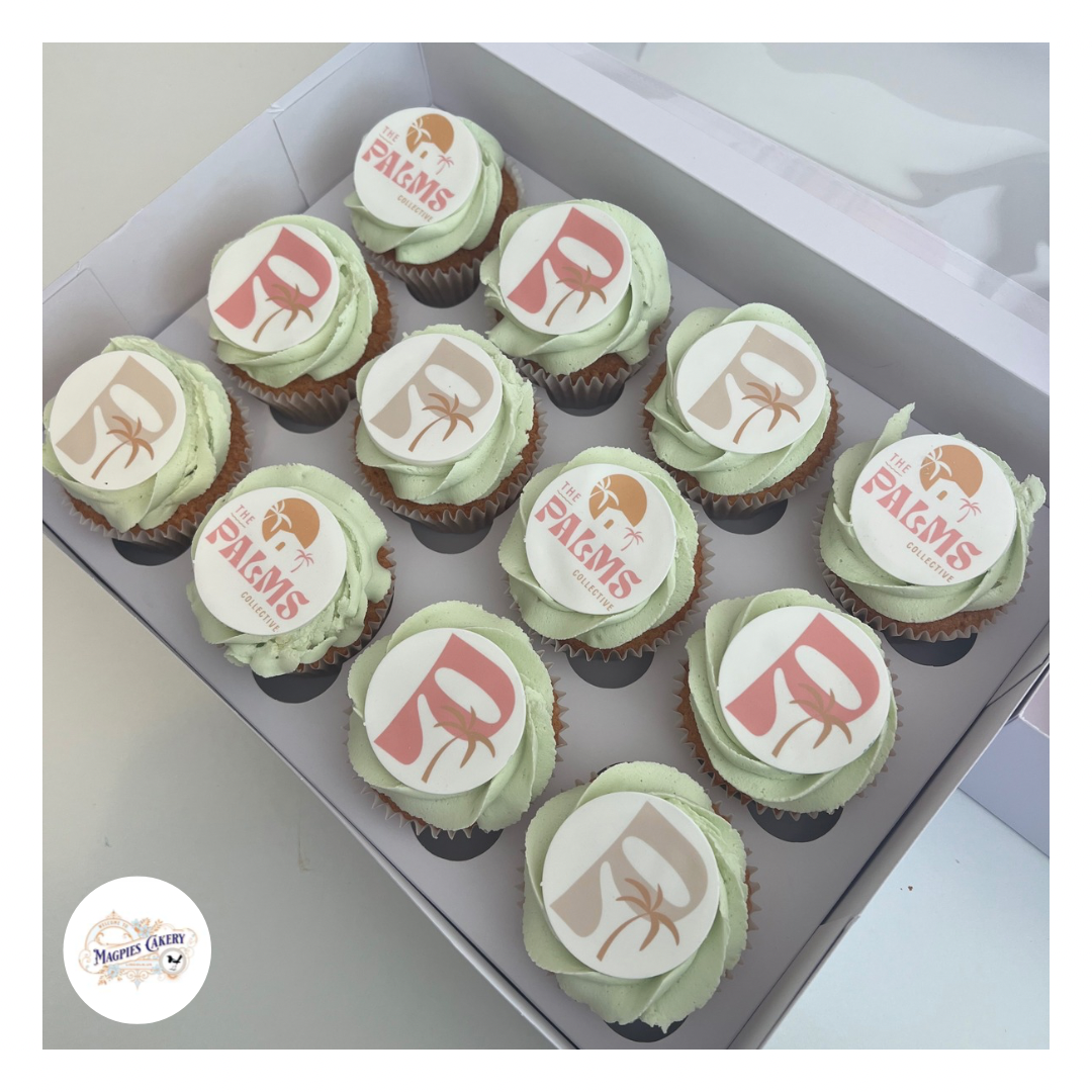 Printed icing logo buttercream finish cupcakes. Magpies Cakery, cake maker & decorator, Lincoln & Newark UK