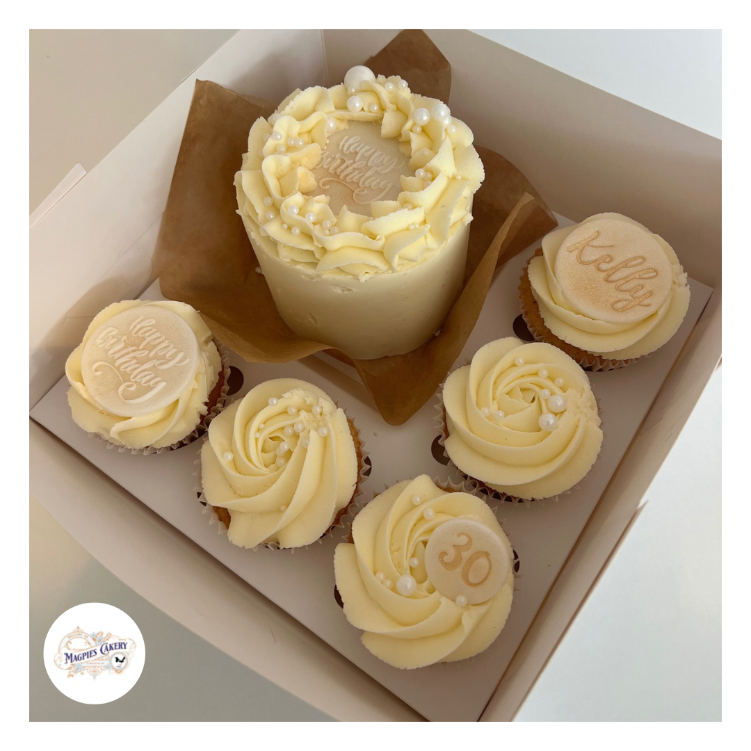 Buttercream finish bento box 30th birthday cake & cupcakes. Magpies Cakery, cake maker & decorator, Lincoln & Newark UK