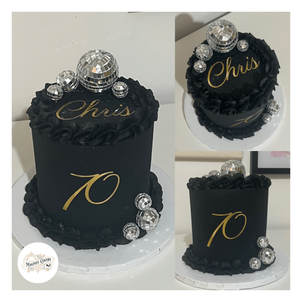 Strictly inspired 70th birthday black buttercream finish cake with disco balls. Magpies Cakery, cake maker & decorator, Lincoln & Newark