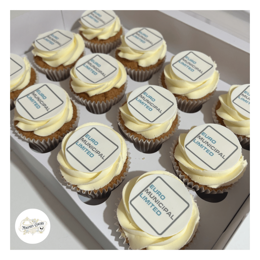 Printed icing logo cupcakes, Magpies Cakery, cake maker & decorator, Lincoln & Newark