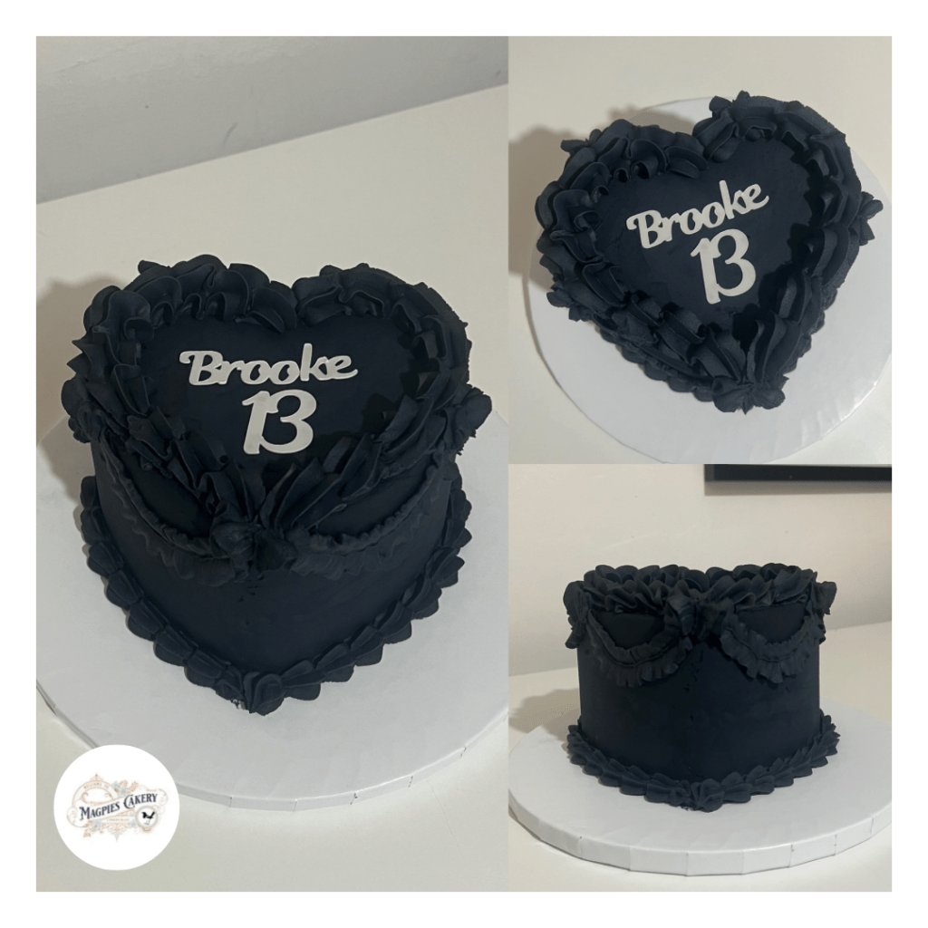 Vintage style heart black buttercream finish 13th birthday cake. Magpies Cakery, cake maker & decorator, Lincoln & Newark UK
